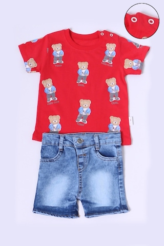 Erkek Bebek Şortlu Takım Kot Şortlu Çıtçıt Detaylı Baskılı B26 Kırmızı