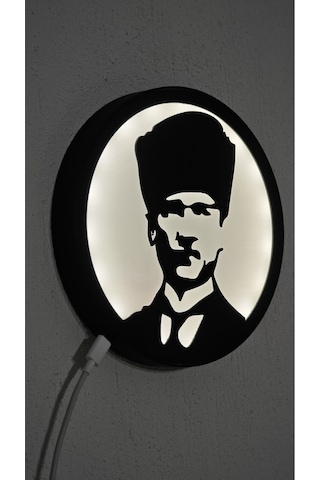 Morfem3d Atatürk Silüetli Led Aydınlatmalı Daire Lamba Model 5 Duvar & Masa Üstü Kullanım Siyah - Beyaz