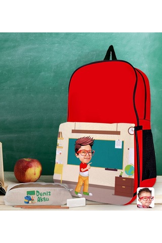 Bk Gift Kişiye Özel Erkek Öğrenci Karikatürlü Kırmızı Okul Çantası Ve Kalemlik Hediye Seti-3