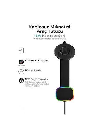 Fhd-15 360 Kablosuz 15w Şarj Mıknatıslı Torpido İçin Rgb Işıklı