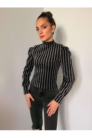 Ali Butik Siyah Simli Gümüş Çizgili Karpuz Kol Bluz Siyah