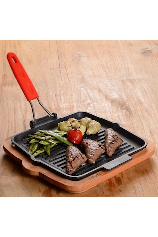 Lava Döküm Kare Sığ Izgara Tavası Silikon Tel Saplı Ölçü 24x24cm. - Kırmızı