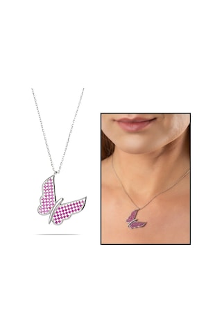 Fuşya Zirkon Taşlı Zarif Tasarım 925 Ayar Gümüş Kelebek Kolye (459601727)