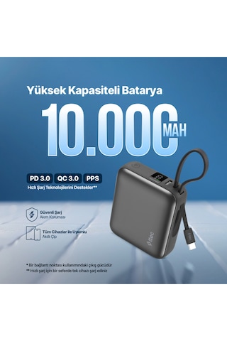 Ttec 2BB232GR Recharger Mini LCD 10.000 mAh PD 35W USB-C Dahili Kablolu Taşınabilir Hızlı Şarj Aleti