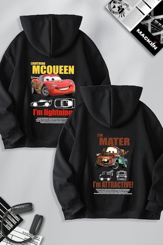 Macklin Arkadaş Çift Kombin Şimşek Mcqueen Ve Mater Baskılı Özel Tasarım Kapüşonlu Sweatshirt 2li Set Takım Siyah Mck1337 Siyah