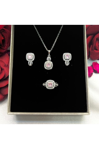 Pembe Kare Kadın 3'lü Set 925 Ayar Gümüş Zirkon Rodyumlu Taşlı Gümüş