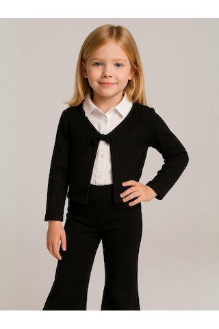 Kız Çocuk Mevsimlik Örme Bağlamalı Hırka-16070 Siyah