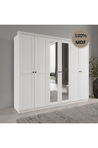 Dali 6 Kapılı Mdf Country Gardırop Beyaz