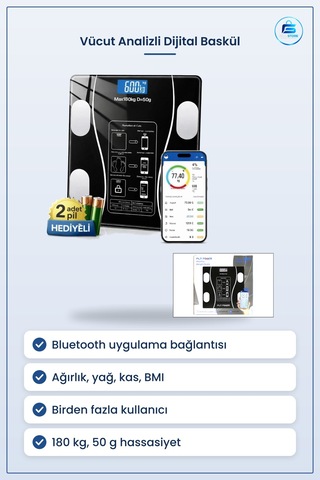 Vücut Analizli Bluetooth Dijital Baskül 180kg/50g Tartı Akıllı Ki