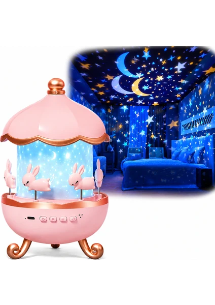 Dönen Tavşanlı Yıldız Projeksiyon Lambası Müzikli Led Gece Lambası Çocuk & Bebek Odası Uyku Lambası Pembe