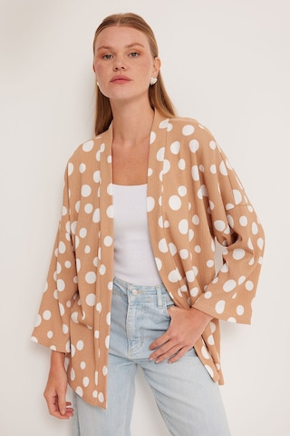 Bigdart Kadın Bej Beyaz Puantiyeli Örme Kimono 5862 001