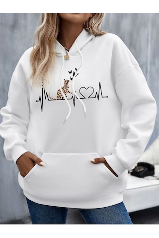 Altamira Beyaz Kedi Baskılı Oversize Kapşonlu Sweatshirt 001