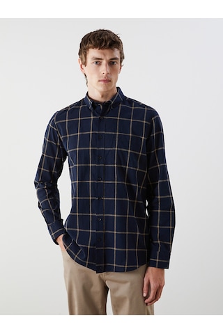 Lcwaıkıkı Classic Lacivert Regular Fit Uzun Kollu Ekose Poplin Erkek Gömlek