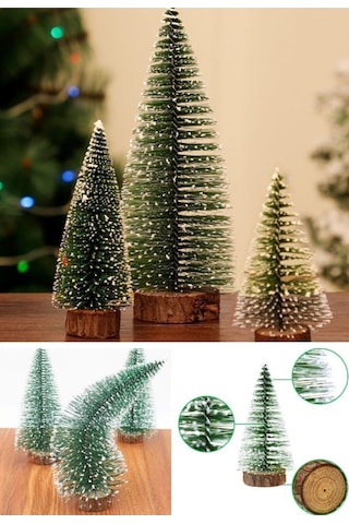 Yeni Yıl Dekoru Kar Efektli 9 Adet Yılbaşı Mini Çam Ağaçları Seti Doğal Ahşap Tabanlı 8 - 12 - 15 Cm Çok Renkli