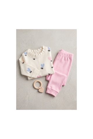 Deniva Kids Kız Bebek Dantel Yaka Kalp Desenli Uzun Kollu Sweatshirt Ve Paçası Ribanalı Tayt/pantolon 2'li Alt Üst Takım Pembe