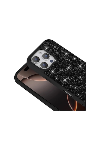 Apple Uyumlu iPhone 16 Pro Kılıf Parlak Taşlı Tasarım Uzrm Pırlanta Kapak - Siyah Siyah
