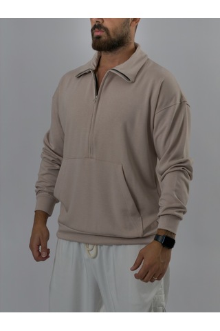 Cocopelli Fermuarlı Polo Yaka Bej Erkek Sweatshirt Coc3523