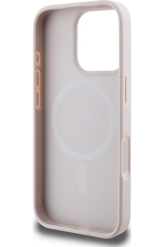 Apple iPhone 16 Pro Uyumlu Kılıf Guess Lisanslı Magsafe Şarj Özellikli 4g Desenli Yazı Logolu Kapak Pembe