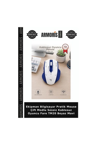 Ekipman Bilgisayar Pratik Mouse Çift Modlu Sessiz Kablosuz Oyuncu Fare Tm20 Beyaz Mavi