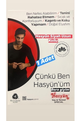 Hasyün Erkek Uzun Kollu Siyah Fanila Yün Içlik Termal Içlik