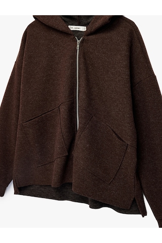 Koton Kaşe Uzun Kollu Kapüşonlu Cep Detaylı Oversize Fermuarlı Sweatshirt Kahverengi 6sal10398ık Kahve