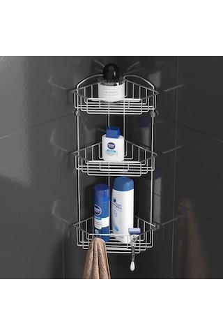Teknotel İki Katlı Kancalı Banyo Köşe Rafı Krom Es093