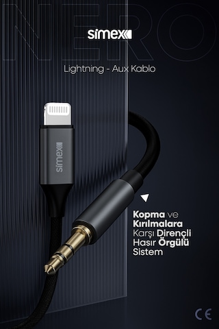 Simex Apple Uyumlu iPhone Lightning To 3.5mm Kumaş Aux Ses Kablosu Stereo Destekli 1.1m Nero Kumaş siyah