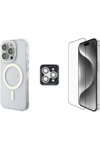Apple Uyumlu iPhone 16 Pro Guess Lisanslı 3'lü Aksesuar Seti Iml Simli Kılıf Ekran Ve Lens Koruyucu Şeffaf