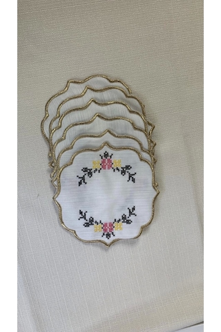 Nivemeshome Kanaviçe Nakışlı Sarı-pembe Oval 6 Adet Keten Kokteyl Peçetesi Kahve Yanı Sunumluk Çok Renkli