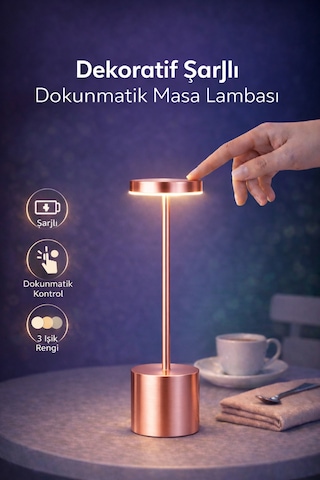 Dekoratif Masa Üstü Şarjlı Dokunmatik Masa Lambası Rose Gold 3 Işık Renkli Dimerli Metal Sarı