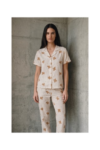 Fit Women V Yaka Düğmeli Casual Kırık Beyaz Pijama Takımı