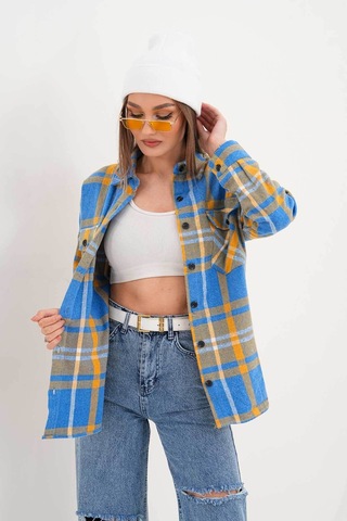 Polologin Butik Kadın Oduncu Mavi Sarı Çizgili Cepli Spor Kesim Gömlek Mavi