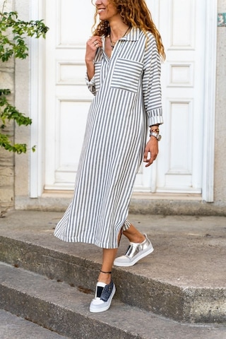 Uzun Kol Bilek Boy Gömlek Yaka Boy Çizgili Göğüs Geniş Cep Detaylı Elbise