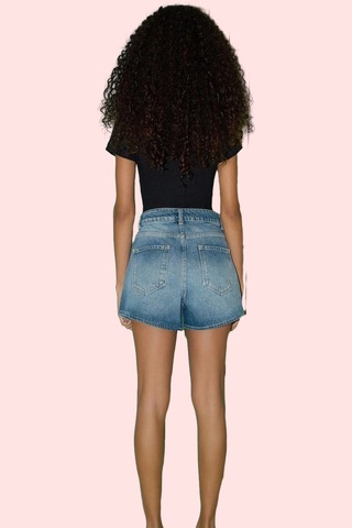 Ersefa Kadın Şort Denim Düz Desen Pamuklu Kısa Boy Geniş Paça Günlük Tar mavi
