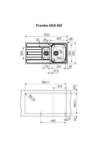 Franke Skx 651 Paslanmaz Çelik Evye, Soldan Damlalıklı, 1,5 Hazne, 100x50cm İnox