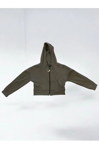 Kız Çocuk Pamuklu Crop Fermuarlı Kapuşonlu Hırka-15454 Haki