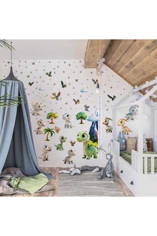 Sevimli Dinazorlar Temalı Boy Ölçerli Duvar Sticker Seti - Mat, Sökülebilir, Çocuk Odası Dekoru 01