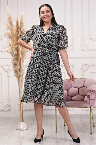 Dip Moda Kadın Kruvaze Yaka Büyük Beden Elbise Dpnb80622 Siyah