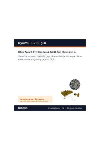 Trobus Sökme Aparatlı Sivri Bijon Kapağı Seti 20 Adet 19 Mm Altın Sarı