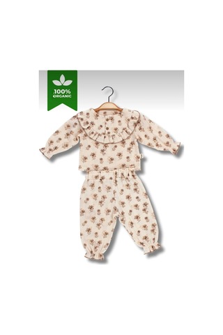 Babyhola Kız Bebek Bayramlık Takım Fırfır Yakalı Çiçek Desenli Müslin İkili Set 2010 Bej