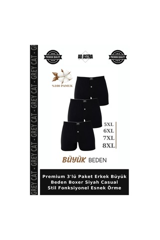 Grey Cat Premium 3'lü Paket Erkek Büyük Beden Boxer Siyah Casual Stil Fonksiyonel Esnek Örme Siyah-3