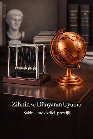 Şık Gösterişli Ofis Masaüstü Dekoratif Retro Metal Bronz Dünya Küresi & Newton Denge Topu Hediye Set Çok Renkli