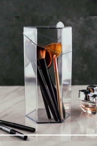 Flosoft Altıgen Fırçalık, Kapaklı Fırça Düzenleyici, Makyaj Kozmetik Takı Organizer Şeffaf