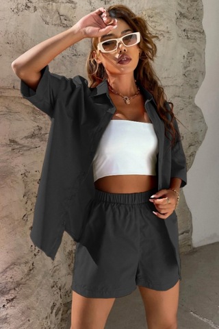 Cool Tarz Kadın Oversize Gömlek Şort Takım Yazlık 2 Li Kombin Rahat Kesim Siyah