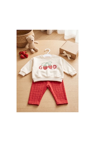 Deniva Kids Kız Bebek Kırmızı Ekose Pantolonlu Çilek Baskılı Sweatshirt 2'li Pamuklu Alt Üst Takım