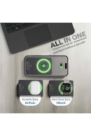 Woyax All In Magsafe Powerbank 10.000mah 20w Hızlı Taşınabilir Şarj Cihazı Saat Kulaklık Apple Uyumlu iPhone Android Siyah