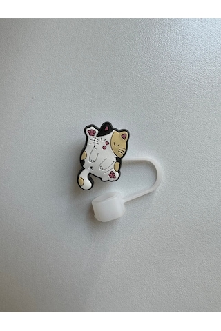 Sevimli Kedi Model Silikon Toz Geçirmez Sızdırmaz Pipet Kapağı 1 Adet Termos Ile Uyumlu Beyaz
