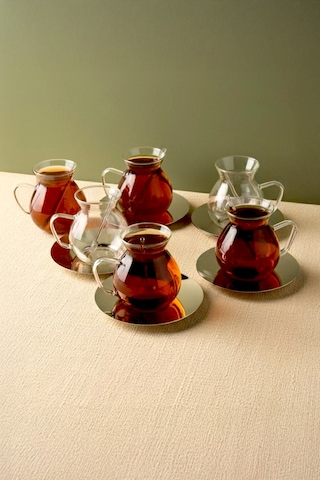 Keyf-i Ala 18 Parçametal Altlıklı Cam Kaşıklı Çay Bardağı Seti 200 Ml Beyaz