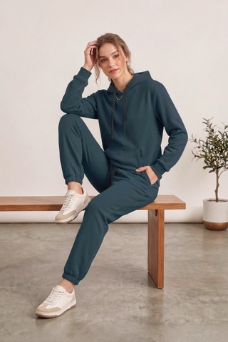 Moibody Kadın 3 İplik Şardonlu Eşofman Takımı Premium Kapüşonlu Sweatshirt Ve Jogger Alt Petrol Petrol