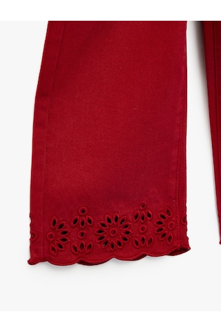 Koton Beli Ayarlanabilir Lastikli Cep Detaylı Pamuklu Gabardin Brode Detaylı Geniş Paça Pantolon Bordo 7wmg40018aw